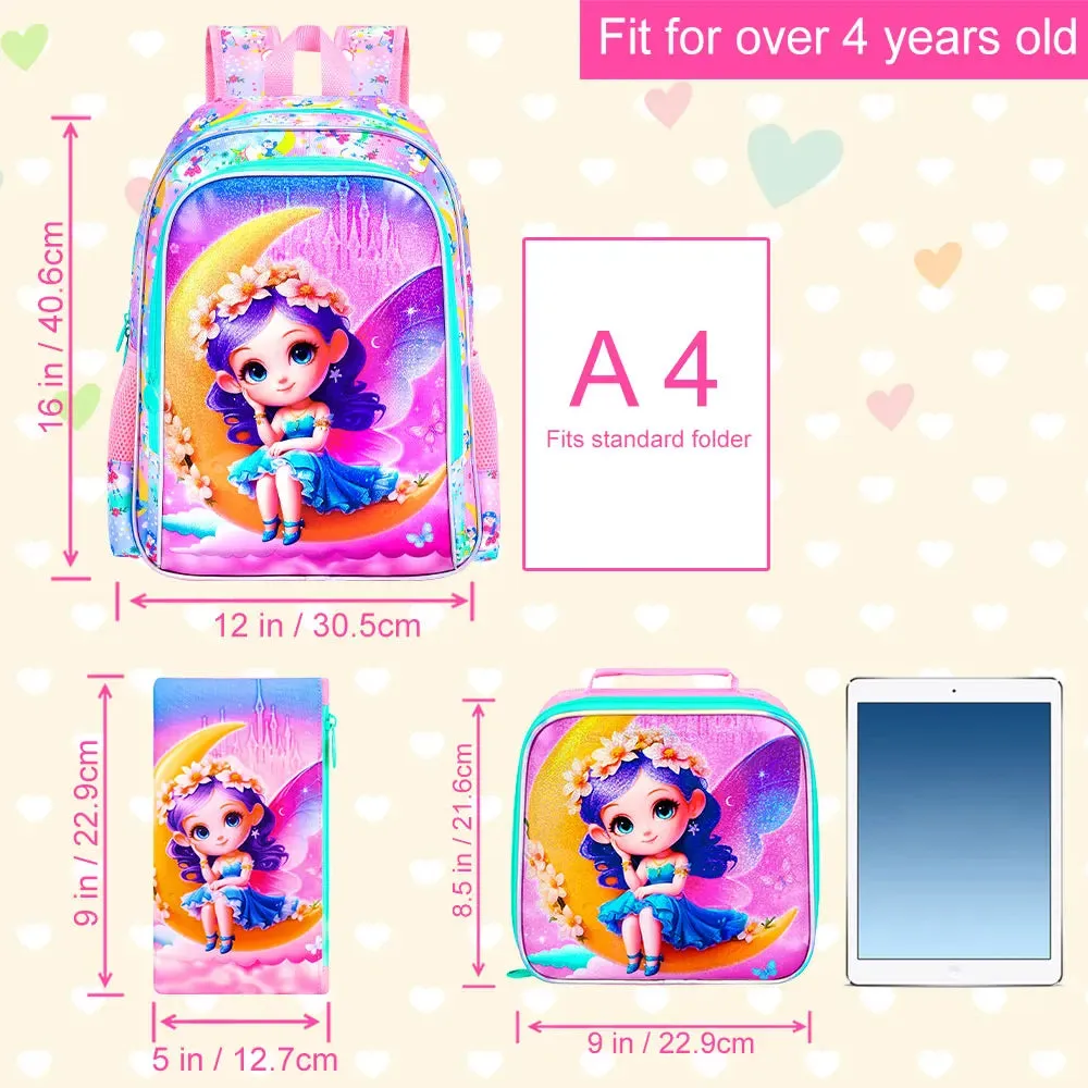 3 Piece Elementary School Backpack Set For Girls 16 Inch Bookbag With Lunch Box Water Resistant