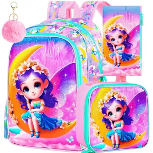 3 Piece Elementary School Backpack Set For Girls 16 Inch Bookbag With Lunch Box Water Resistant