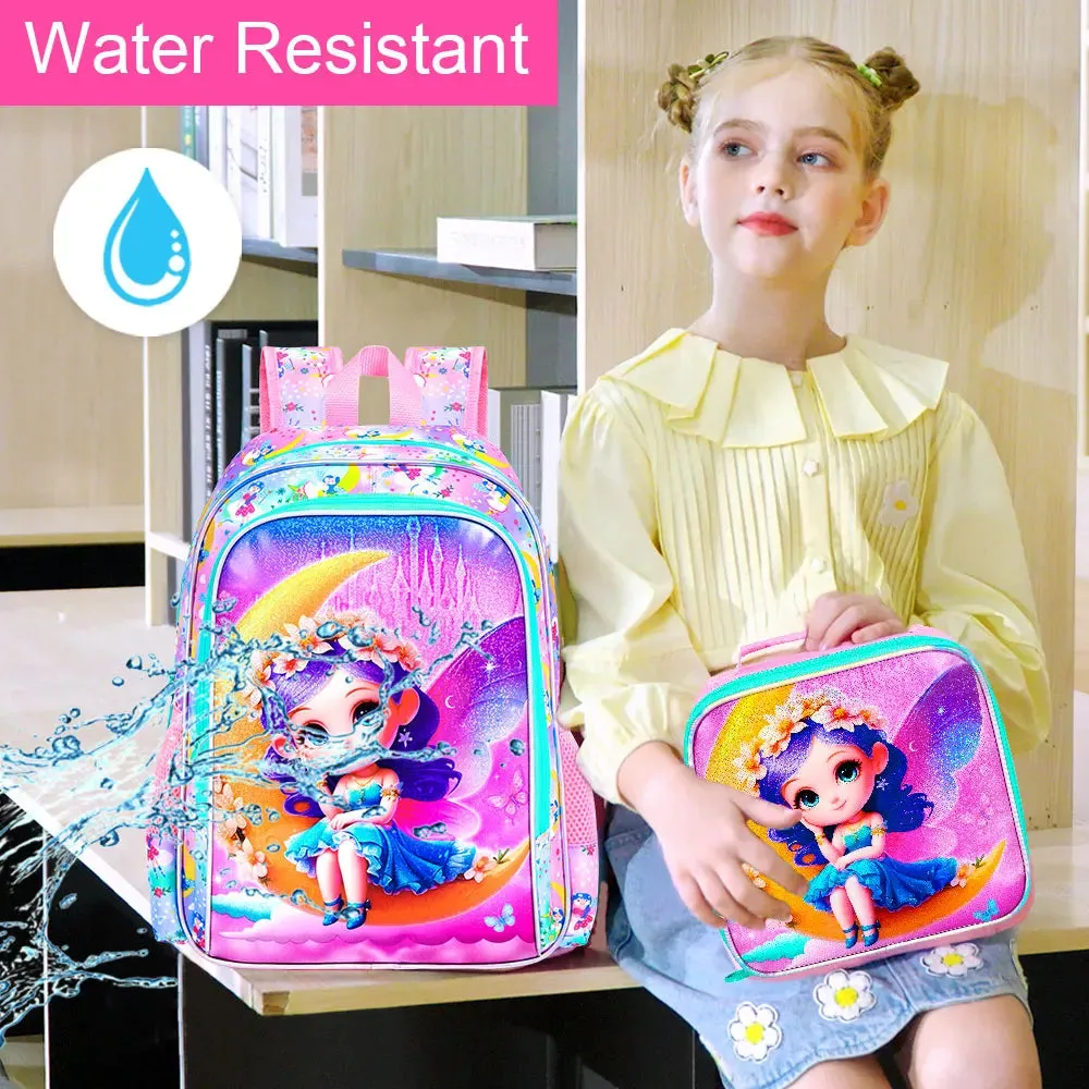 3 Piece Elementary School Backpack Set For Girls 16 Inch Bookbag With Lunch Box Water Resistant