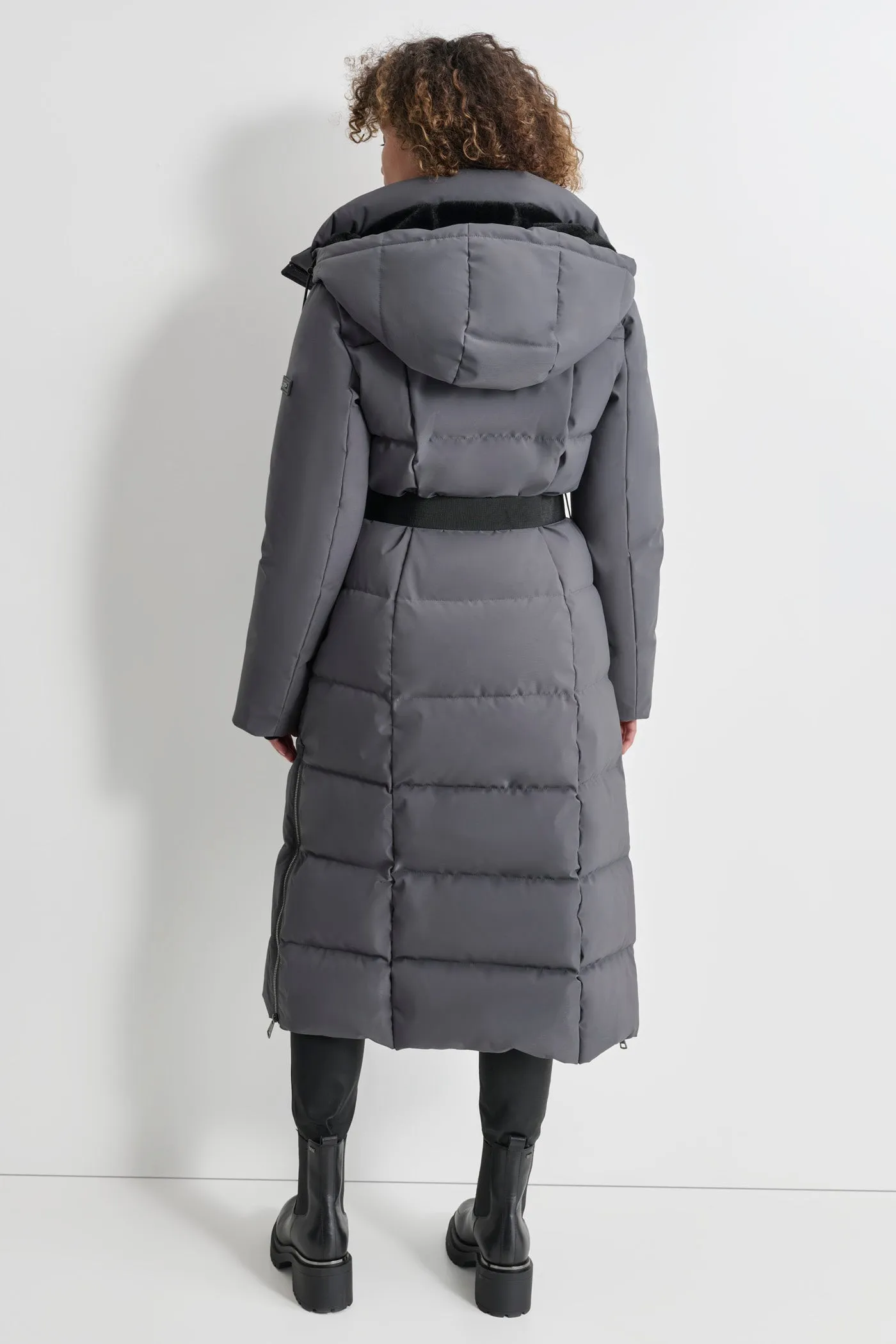 BOX QUILT LONG PUFFER W/ BELT